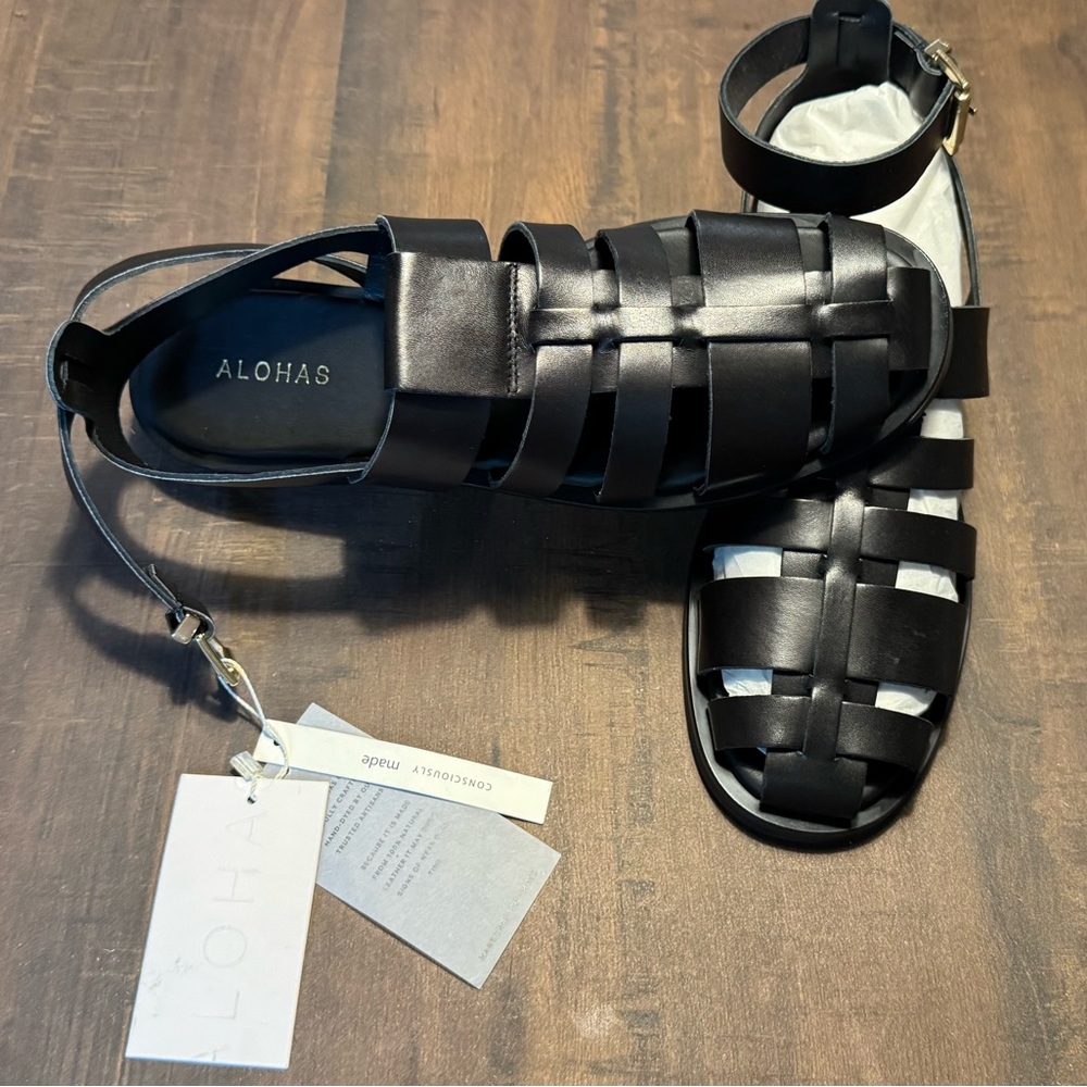 ALOHAS Black Woven Leather Sandals